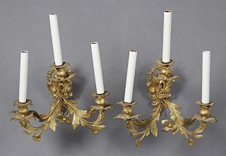 Pair of Brass Louis XV Style Three Light Sconces,