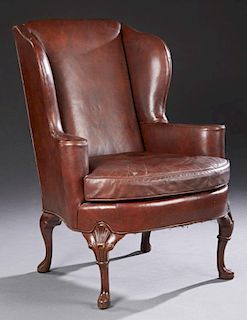 Queen Anne Style Carved Mahogany Leather Wing Chai