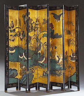 Chinese Black Lacquer Eight Panel Room Screen, 20t