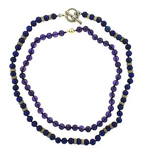 14K Gold Sterling Amethyst Lapis Bead Necklace Lot of 2