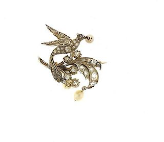 Antique Gold Silver Diamond Pearl Bird Brooch Pin