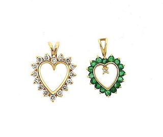14K Gold Diamond Emerald Heart Pendant Lot of 2