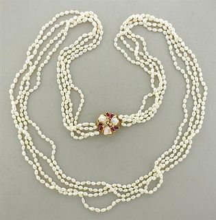 14k Gold Pearl Ruby Multi Strand Necklace
