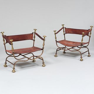 Pair of Continental Gilt-Iron, Brass and Leather Curule-Form Armchairs