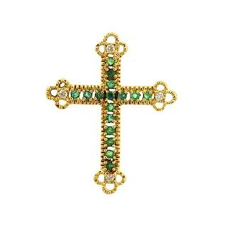 18k Gold Emerald Diamond Cross Pendant