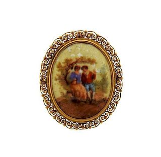 18K Gold Filigree Porcelain Miniature Painting Brooch Pendant