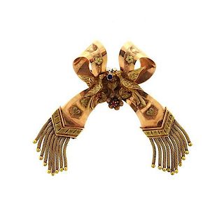 Antique 14k Gold Bow Tassel Brooch Pin