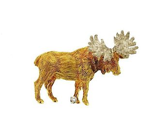 18k Gold Diamond Moose Brooch Pin