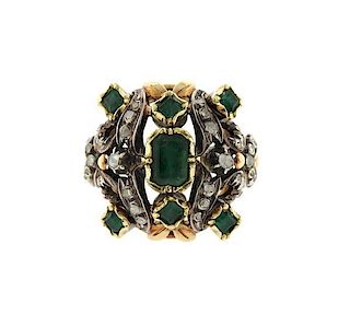 Large 18k Gold Silver Emerald Diamond Ring