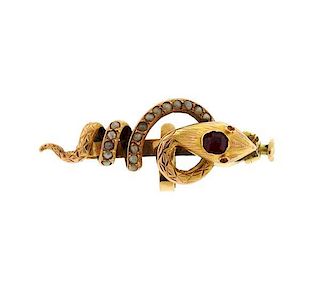 18k Gold Pearl Red Stone Snake Brooch Pin
