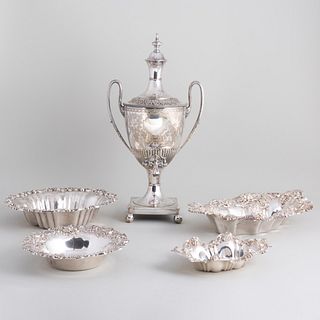 Group of American Silver Serving Dishes and a Silver Plate Hot Water Urn