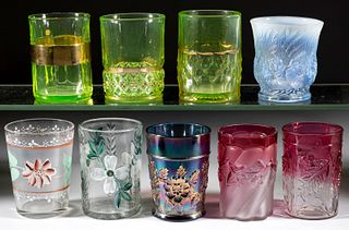 ASSORTED PRESSED GLASS TUMBLERS, LOT OF NINE
