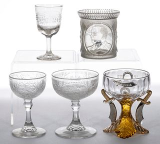 ASSORTED PRESSED HISTORICAL GLASS ARTICLES, LOT OF FIVE