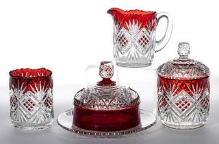 DIAMOND AND SUNBURST VARIANT - RUBY-STAINED FOUR-PIECE TABLE SET