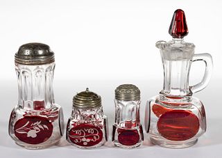 NAIL - RUBY-STAINED CONDIMENT ARTICLES, LOT OF FOUR