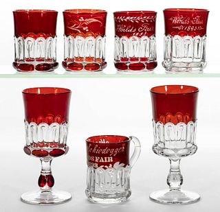 NAIL - RUBY-STAINED DRINKING ARTICLES, LOT OF SEVEN