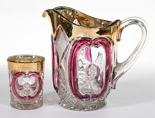 U. S. GLASS' VICTORIA - MAIDEN'S BLUSH-STAINED WATER PITCHER AND TUMBLER