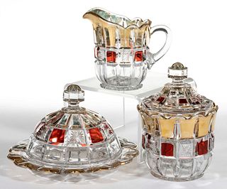 WAFFLE AND STAR BAND / VERONA (OMN) - RUBY-STAINED THREE-PIECE TABLE SET