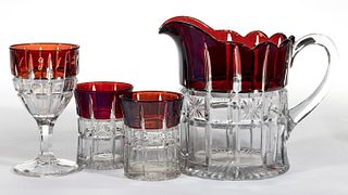 WAFFLE AND STAR BAND / VERONA (OMN) - RUBY-STAINED DRINKING ARTICLES, LOT OF FOUR