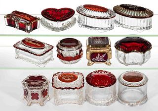 ASSORTED PRESSED GLASS - RUBY-STAINED COVERED DISHES, LOT OF 12