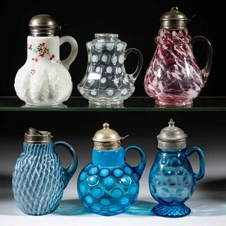 ASSORTED VICTORIAN GLASS SYRUP PITCHERS, LOT OF SIX