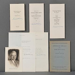 Hoover, Herbert (1874-1964) Four Signed Offprints of Speeches, Signed Portrait, and Two Typed Letters Signed.