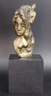 A Small Modern Bronze Of A Woman On Wood Base