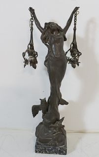 Signed Art Nouveau Bronze Figural Lamp.