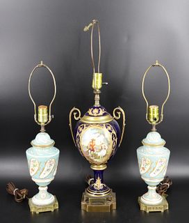 3 Possibly Sevres Porcelain Urns As Lamps.