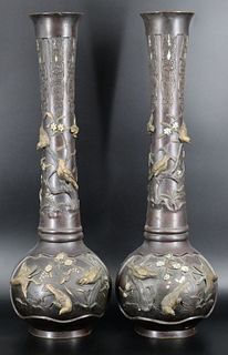 Pair of Signed Japanese Meiji Style Bronze Vases.