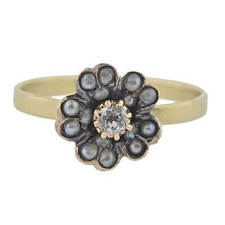 Antique Silver Gold Diamond Pearl Flower Ring