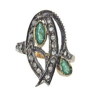 18k Gold Silver Rose Diamond  Emerald Ring
