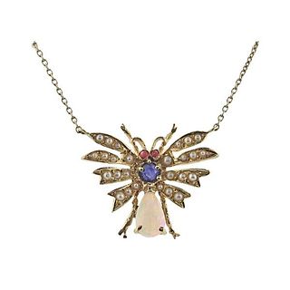 1910s Antique Gold Opal Sapphire Pearl Insect Pendant on Vintage Necklace 