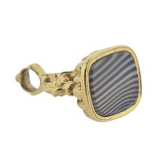 1860s Antique 14k Gold Banded Agate Fob Pendant Charm