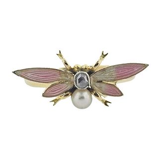 1980s Antique 14k Gold Enamel Pearl Diamond  Insect Bee Ring