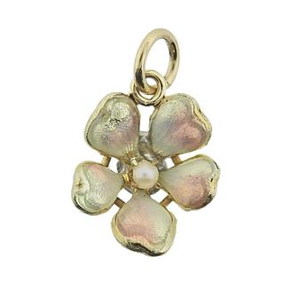 1910s Antique Gold Pearl Enamel Flower Small Pendant Charm