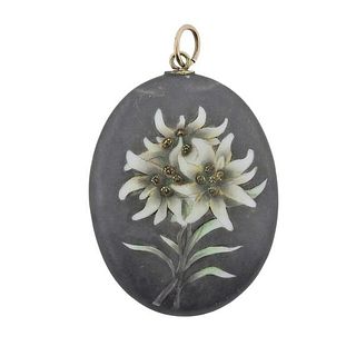 Antique Enamel Edelweiss Flower Memento Mori Mourning Locket Pendant