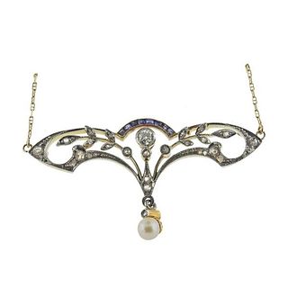 1900s Antique Gold Platinum Pearl Sapphire Diamond Pendant on Necklace 