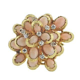1960s Large 18k Gold Diamond Coral Cocktail Ring Brooch