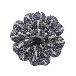 18k Gold Diamond Sapphire Flower Brooch Pin