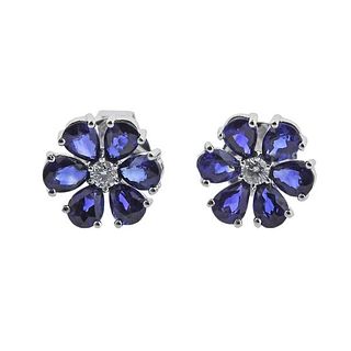 18k Gold Sapphire Diamond Flower Stud Earrings