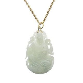 14k Gold Carved Jade Pendant Necklace