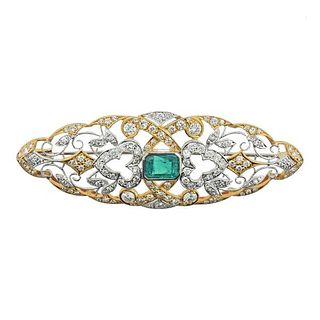 18k Two Tone Gold Diamond Emerald Brooch Pin