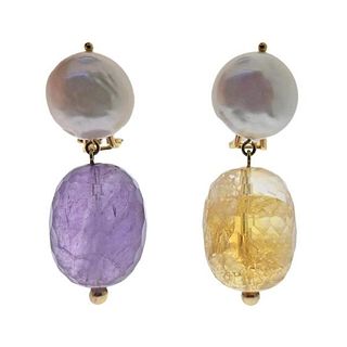 18k Gold Amethyst Citrine Pearl Drop Earrings