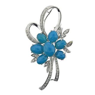 18k Gold Diamond Blue Chalcedony Flower Brooch Pendant
