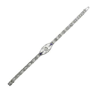 Art Deco Filigree 14k Gold Diamond Sapphire Bracelet 