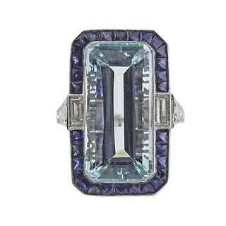 10.73ct Aquamarine Diamond Sapphire Platinum Ring