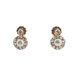 18k Gold Pearl Rose Cut Diamond Earrings
