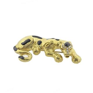 Italian 18k Gold Diamond Enamel Panther Brooch Pin