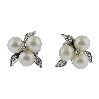 Midcentury 14k Gold Diamond Pearl Cluster Earrings